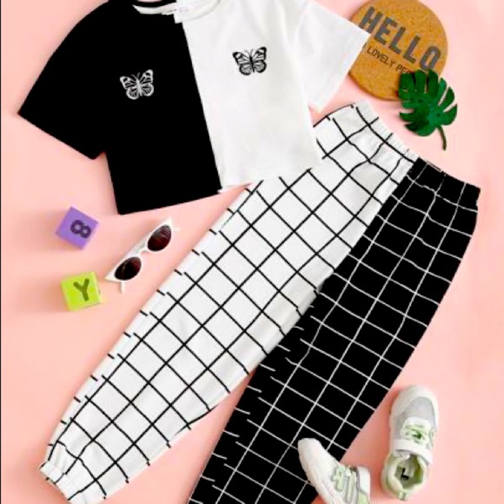 ♥️SOLD♥️SHEIN Girls Two Tone Butterfly Embroidery Top & Grid Pants Set - Picture 1 of 12